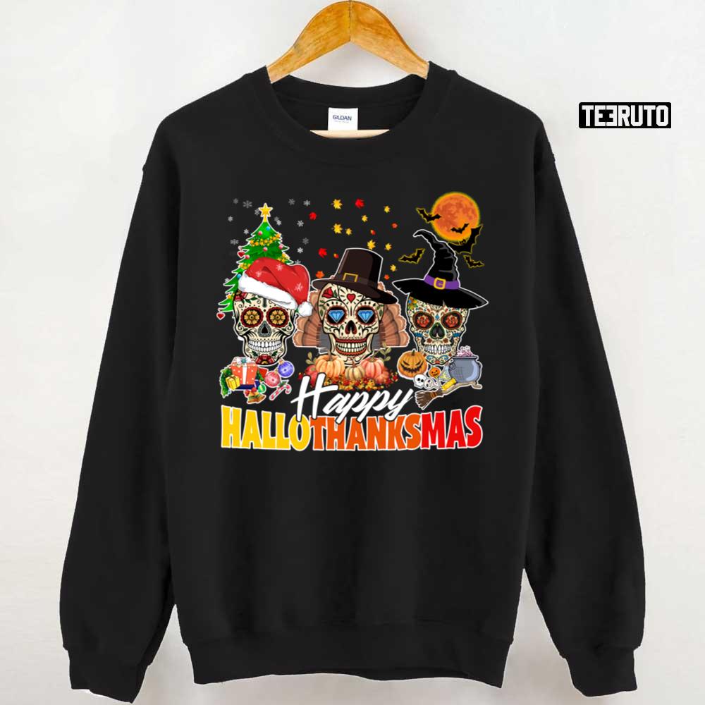 Funny Halloween Thanksgiving Christmas Holidays Sugar Skull Art Unisex Sweatshirt