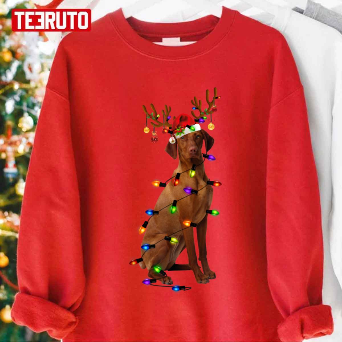 Funny Vizsla Christmas Reindeer Christmas Lights Unisex Sweatshirt