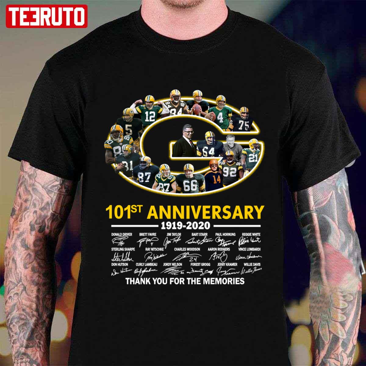 Green Bay Packers 101st Anniversary 1919 2020 Thank You For The Memories Signatures Unisex T-shirt