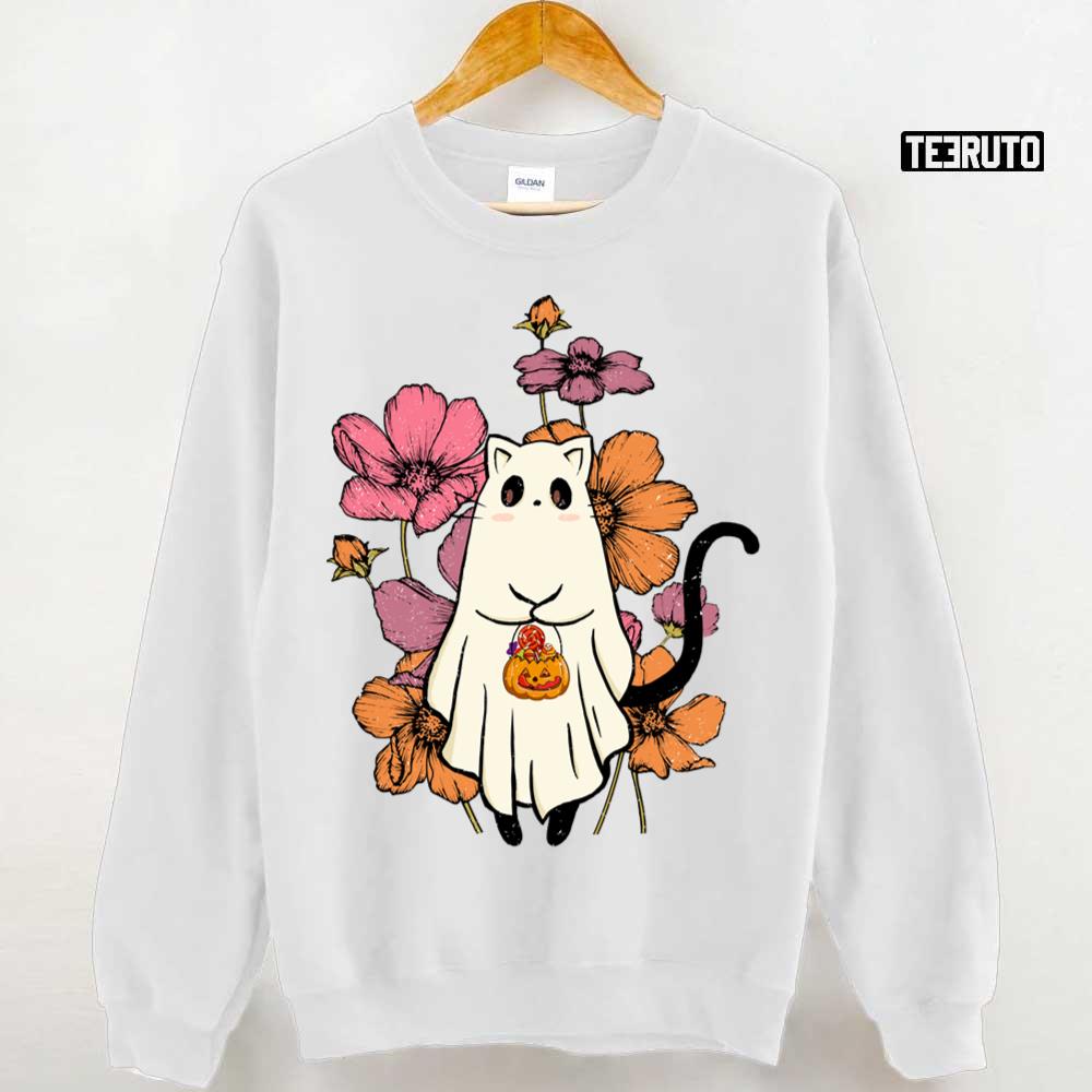 Halloween Trick Or Treat Ghost Cat With Flowers Unisex Sweatshirt