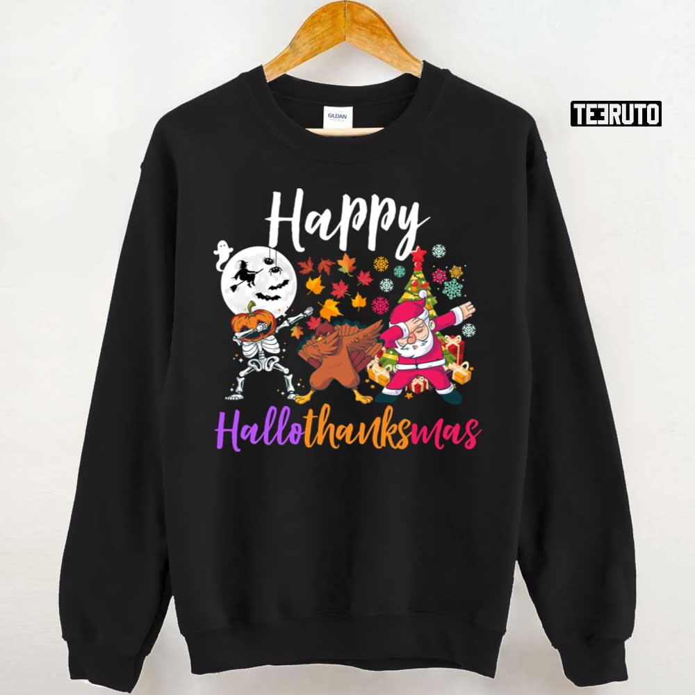 Happy Hallothanksmas Dabbing Skeleton Turkey Santa Halloween Thanksgiving Christmas Holidays Unisex Sweatshirt