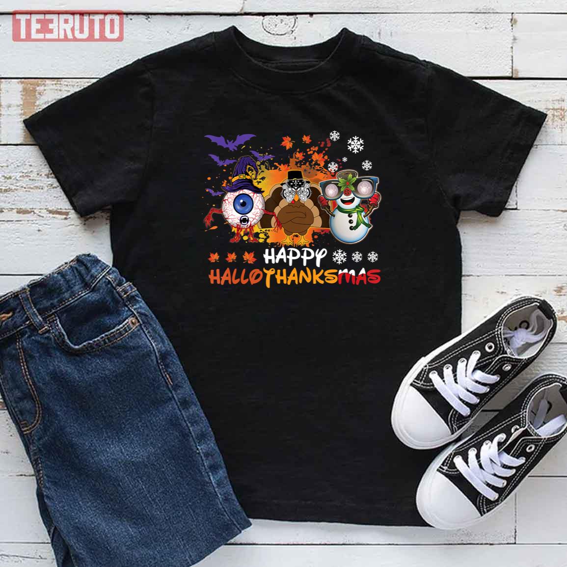 Happy Hallothanksmas Turkey Snowman Witch Xmas Thanksgiving Every Holidays T-Shirt