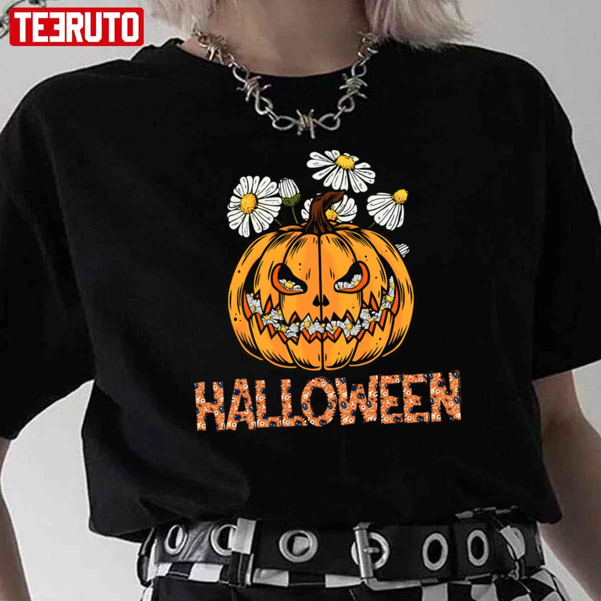 Happy Halloween Pumpkin And Flower Graphic Unisex T-Shirt