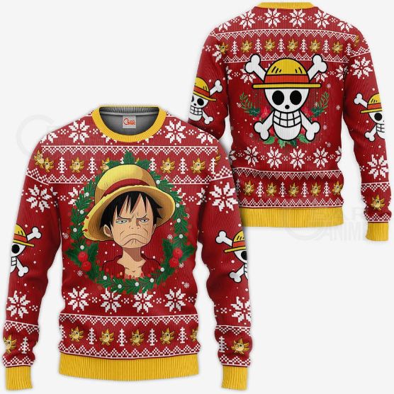 Luffy Ugly Christmas Funny Face One Piece Anime Xmas Knitted Sweater