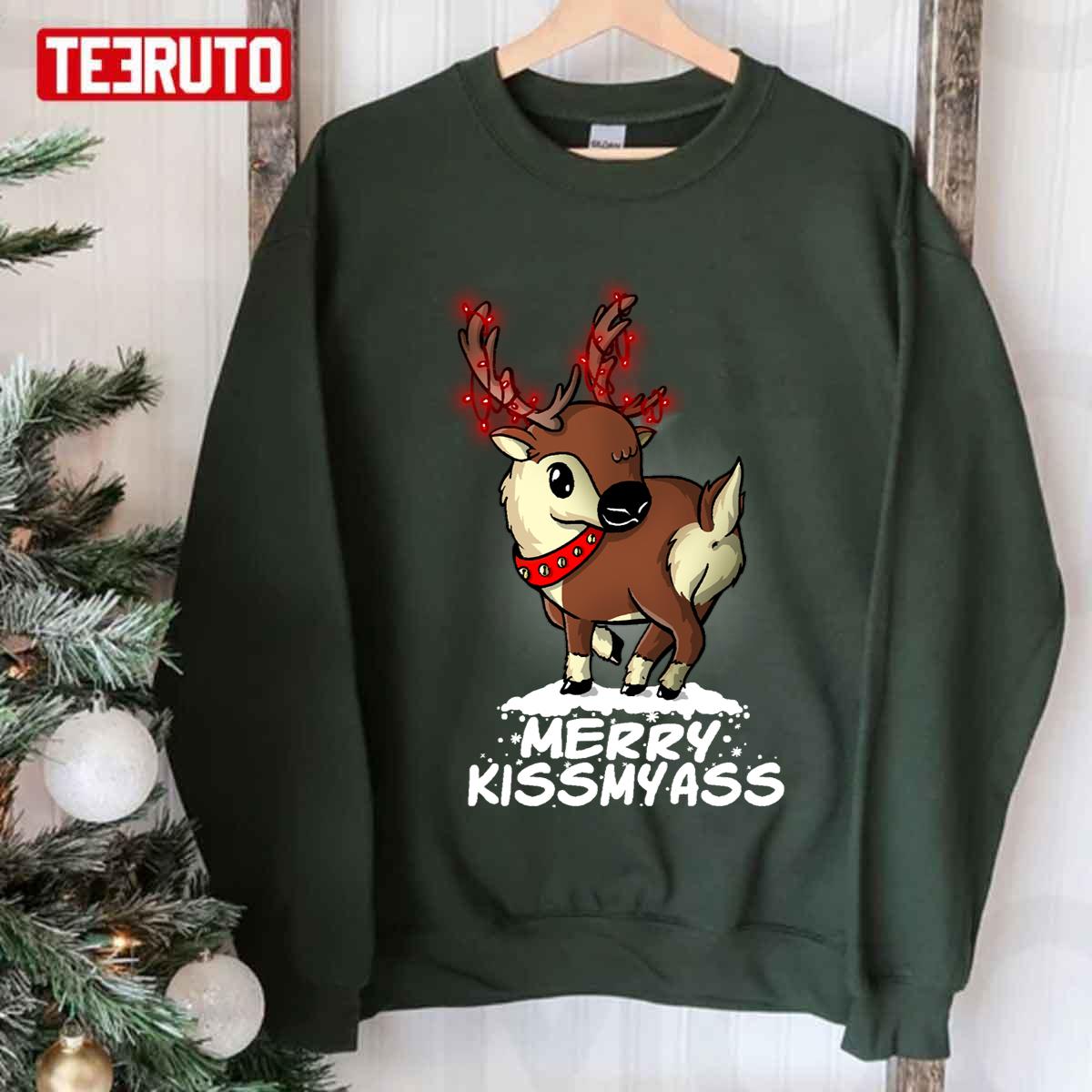 Merry Kiss My Ass Funny Reindeer Unisex Sweatshirt