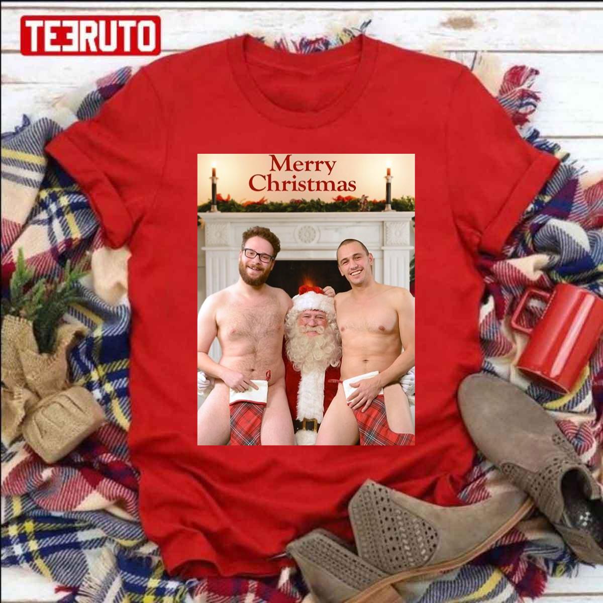 Merry Xmas From Seth Rogen And James Franco Funny Nude With Santa Unisex Sweatshirt