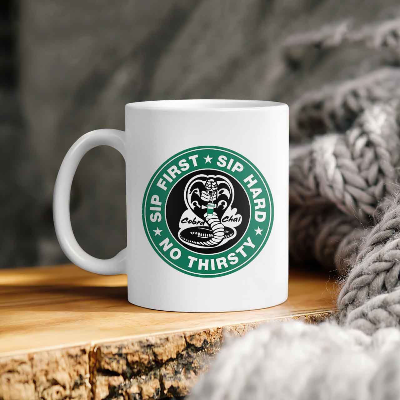 Sip First Sip Hard No Thirsty Cobra Kai X Starbucks Logo Mug