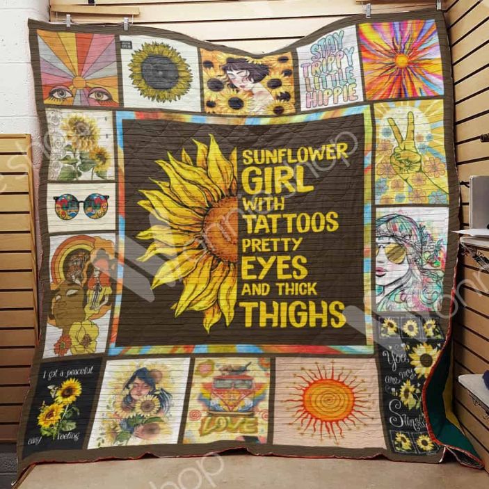 Sunflower Girl With Tattoos Hippie Sunflower Quilt Blanket