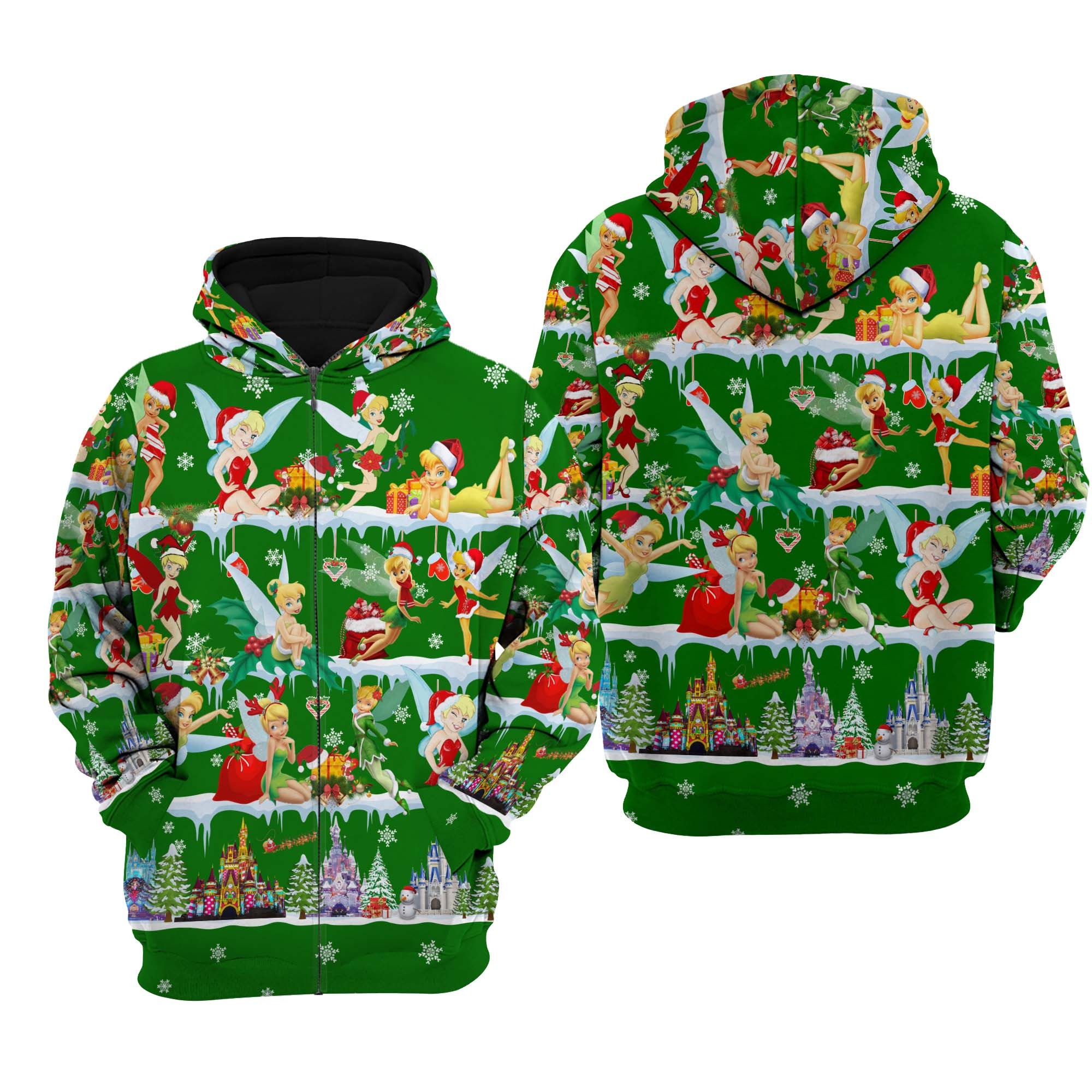 Tinker Bell Green Christmas Disney Sweat Fleece Stylist Unisex Cartoon Graphic OutfitsClothing Men Women Kids Toddlers AOP Unisex Hoodie