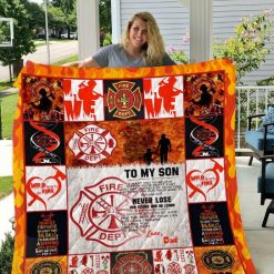 To My Son Dad Firefighter Quilt Blanket