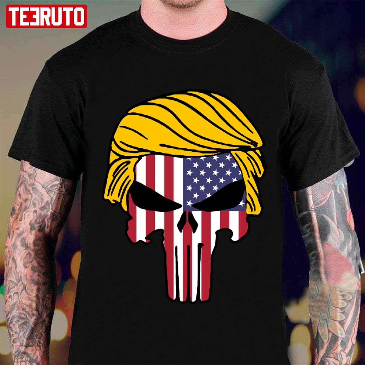 Trump Hair Skull American Flag Unisex T-shirt