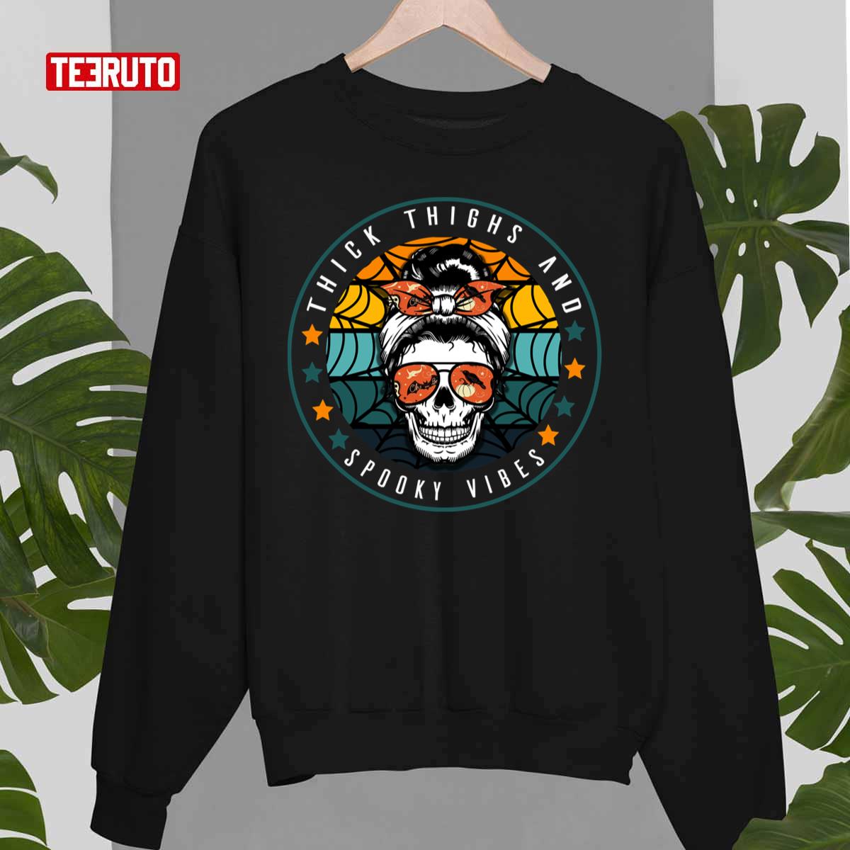 Vintage Thick Thighs And Spooky Vibes Skull Messy Halloween Unisex Sweatshirt