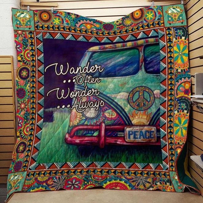 Wander Often Wonder Always Hippie Van Quilt Blanket