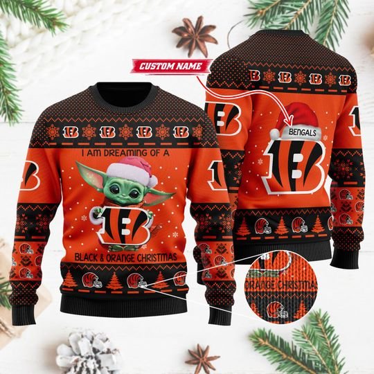 Baby Yoda Star Wars Cincinnati Bengals Custom Name Ugly Xmas Sweater