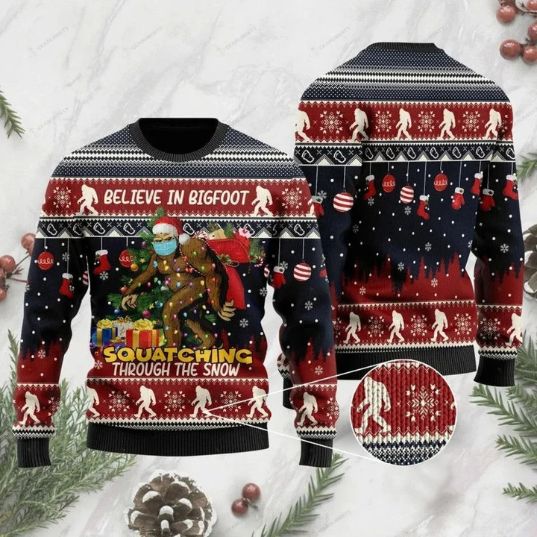 Believe In Bigfoot Squatching Through The Snow Ugly Christmas Wool Knitted Sweater