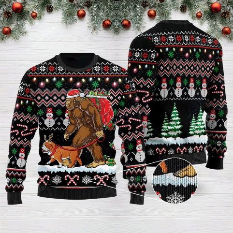 Bigfoot English Bulldog Dog Lover Ugly Christmas Wool Knitted Sweater