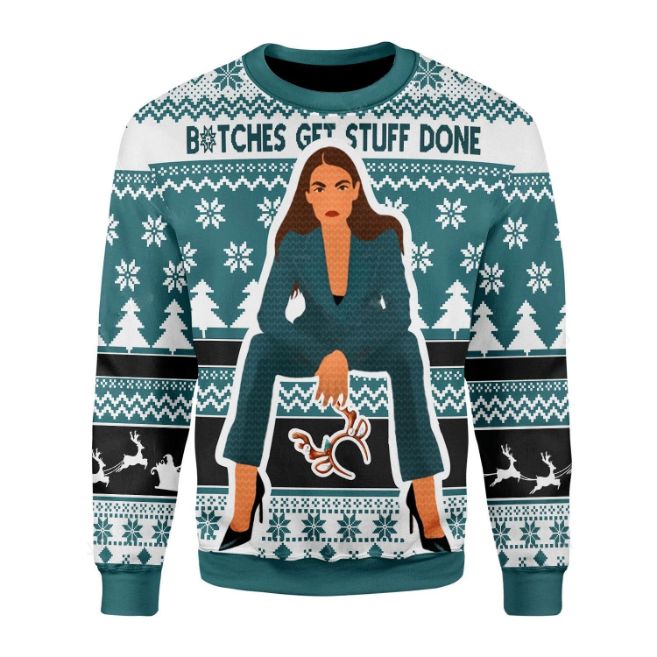 Btches Get Stuff Done AOC Christmas Ugly Wool Knitted Sweater