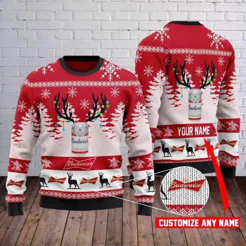 Budweiser Beer Deer Personalized Xmas Ugly Christmas Sweater