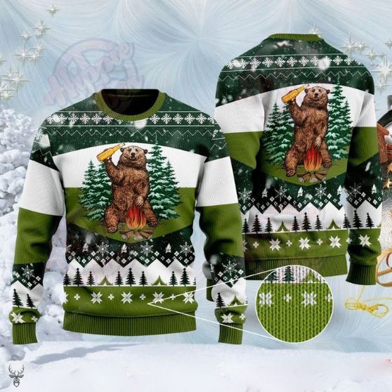 Campfire Camping Lover Bear And Beer Ugly Christmas Wool Knitted Sweater