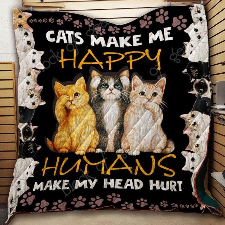 Cat Makes Me Happy Cute Quilt Blanket
