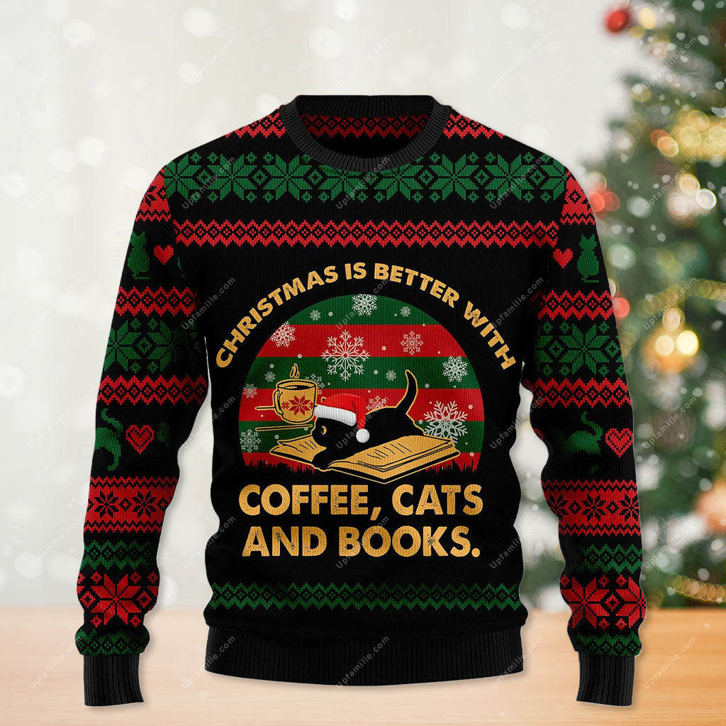 Christmas Is Better With Coffee Cat And Book Holiday ugly Christmas Sweater