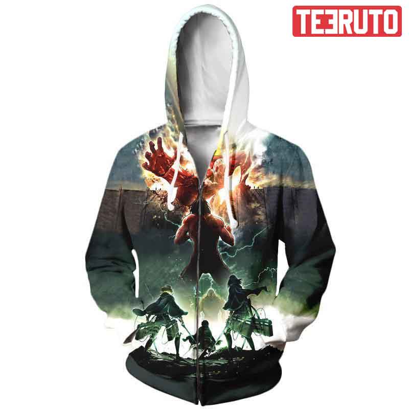 Colossal Titan With Eren Mikasa And Armin – Attack On Titan Zip Up Jacket Hoodie