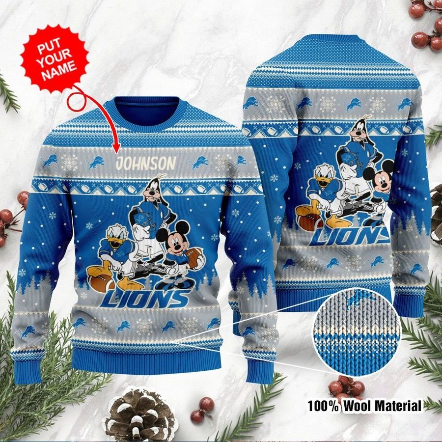 Detroit Lions Team X Disney Custom Name Ugly Xmas Sweater