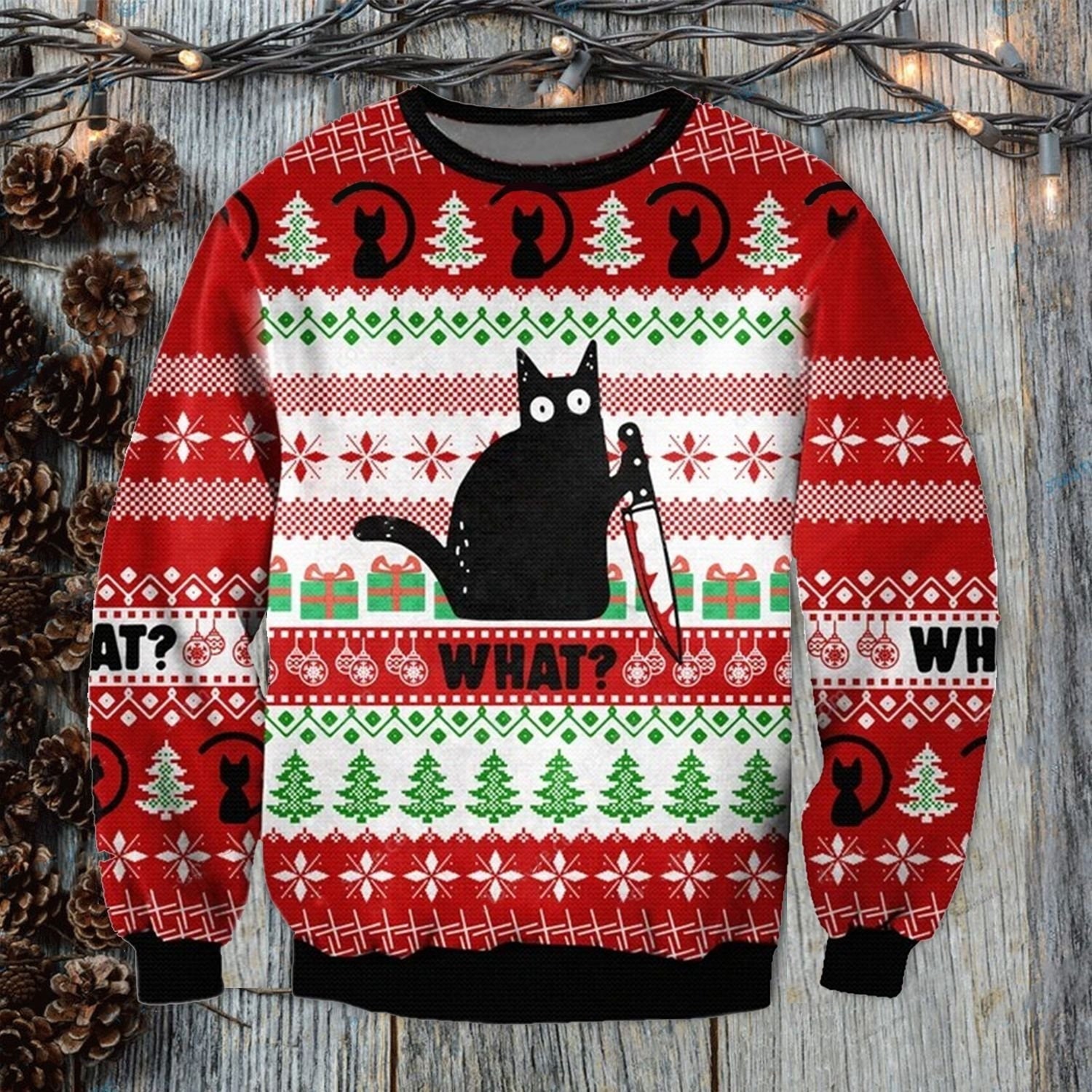 Funny Black Cat Christmas Ugly Gift For Lovers Creep Christmas Murder New Year Eve Sweater