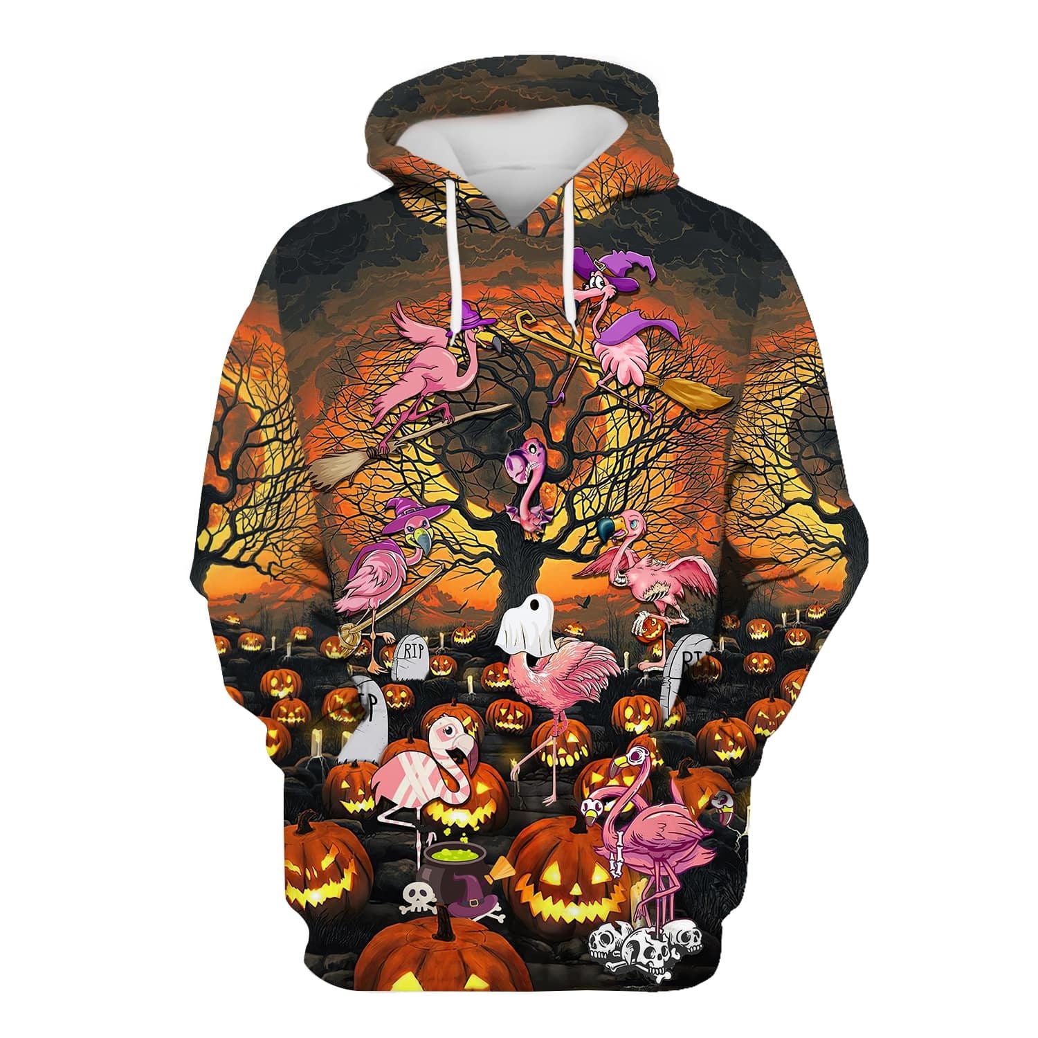 Halloween Flamingo Ghost At Pumpkin Field Halloween Spooky Season Pullover All Over Print Hoodie