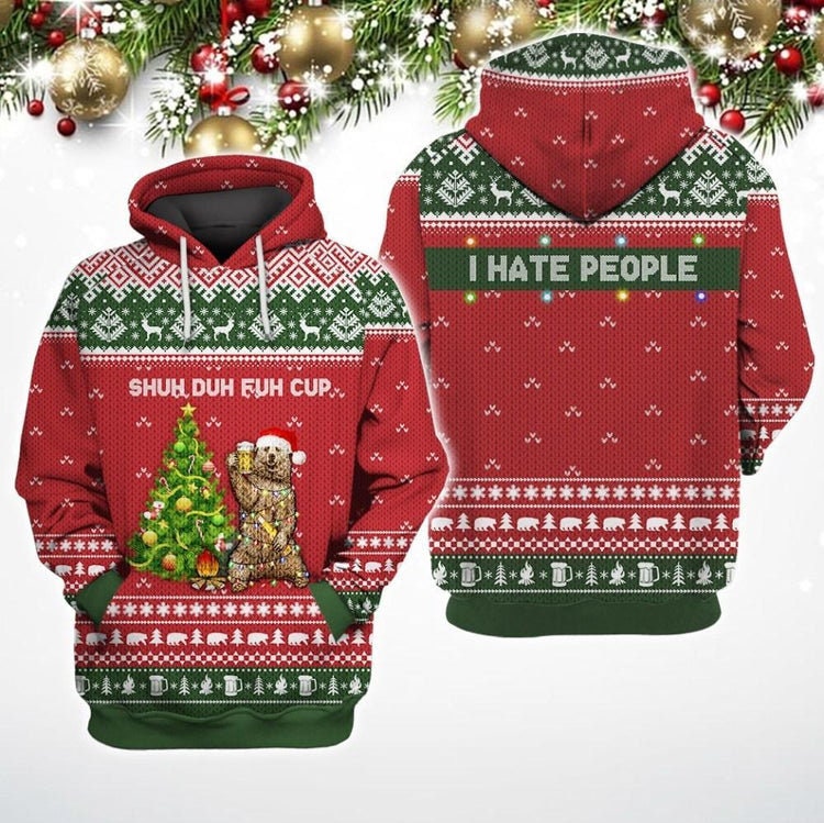 I Hate People Christmas Bear Ugly Christmas Pattern Christmas Gift All Over Print Hoodie