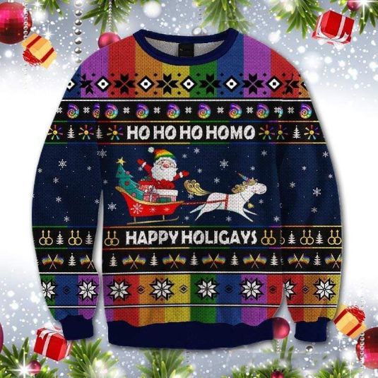 LGBT Unicorn Hohoho Homo Happy Holigays Christmas Ugly Wool Knitted Sweater