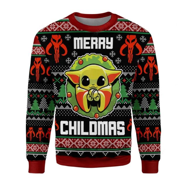 Merry Chilmas Cute Baby Yoda Xmas Wool Knitted Ugly Sweater
