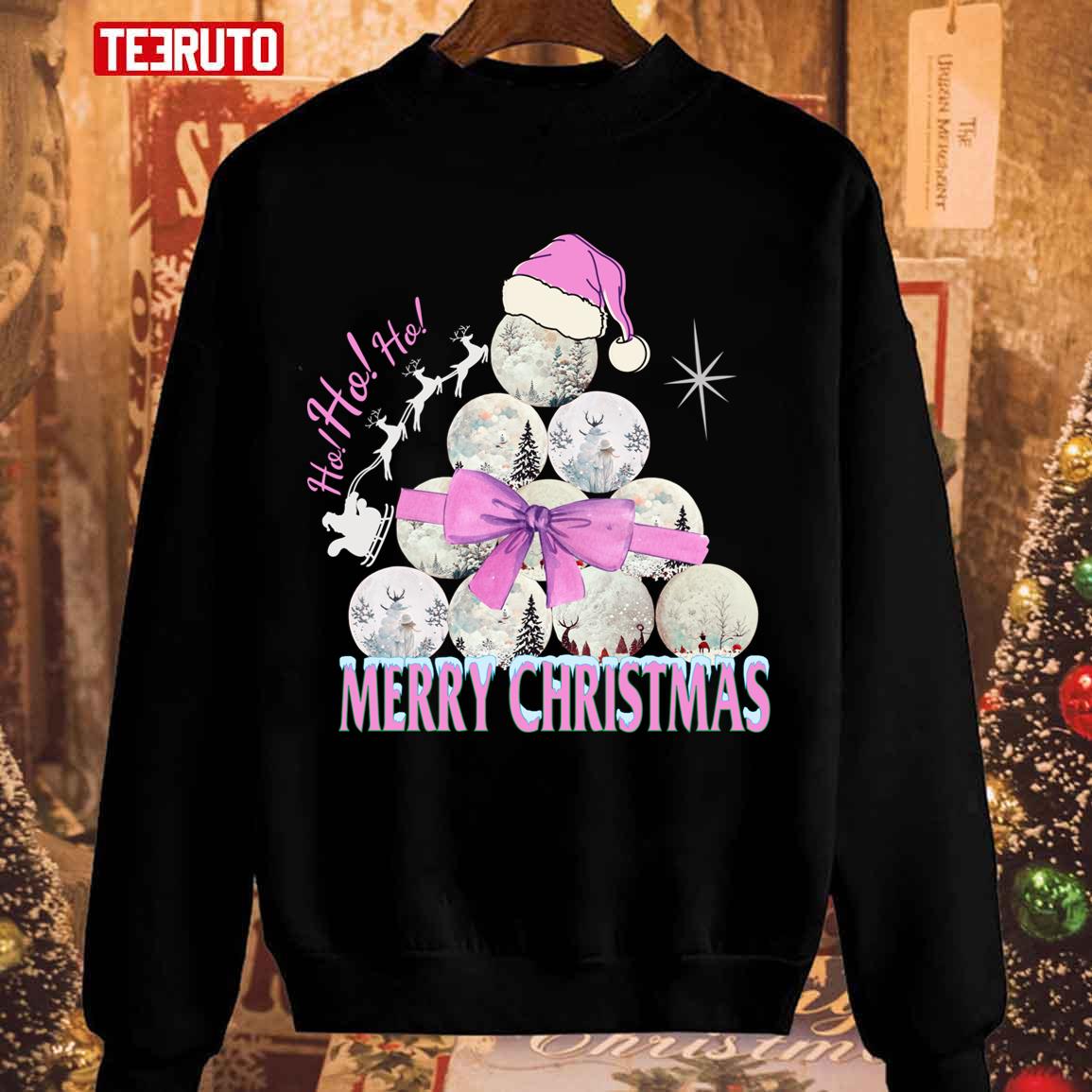 Merry Christmas Baubles With Santas Claus Hat And A Bow Unisex Sweatshirt Teeruto 3734