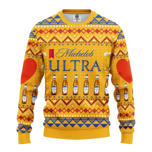 Michelob Ultra Beer Merry Xmas Ugly Christmas Wool Knitted Sweater