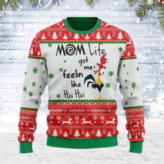 Mom Life Got Me Feelin Like Hei Hei Rooster Xmas Ugly Wool Knitted Sweater