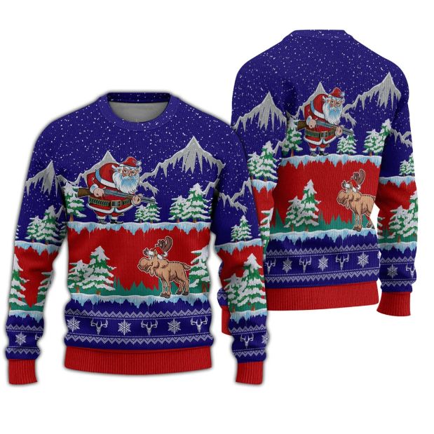 Moose Hunter Santa Xmas Ugly Wool Knitted Sweater