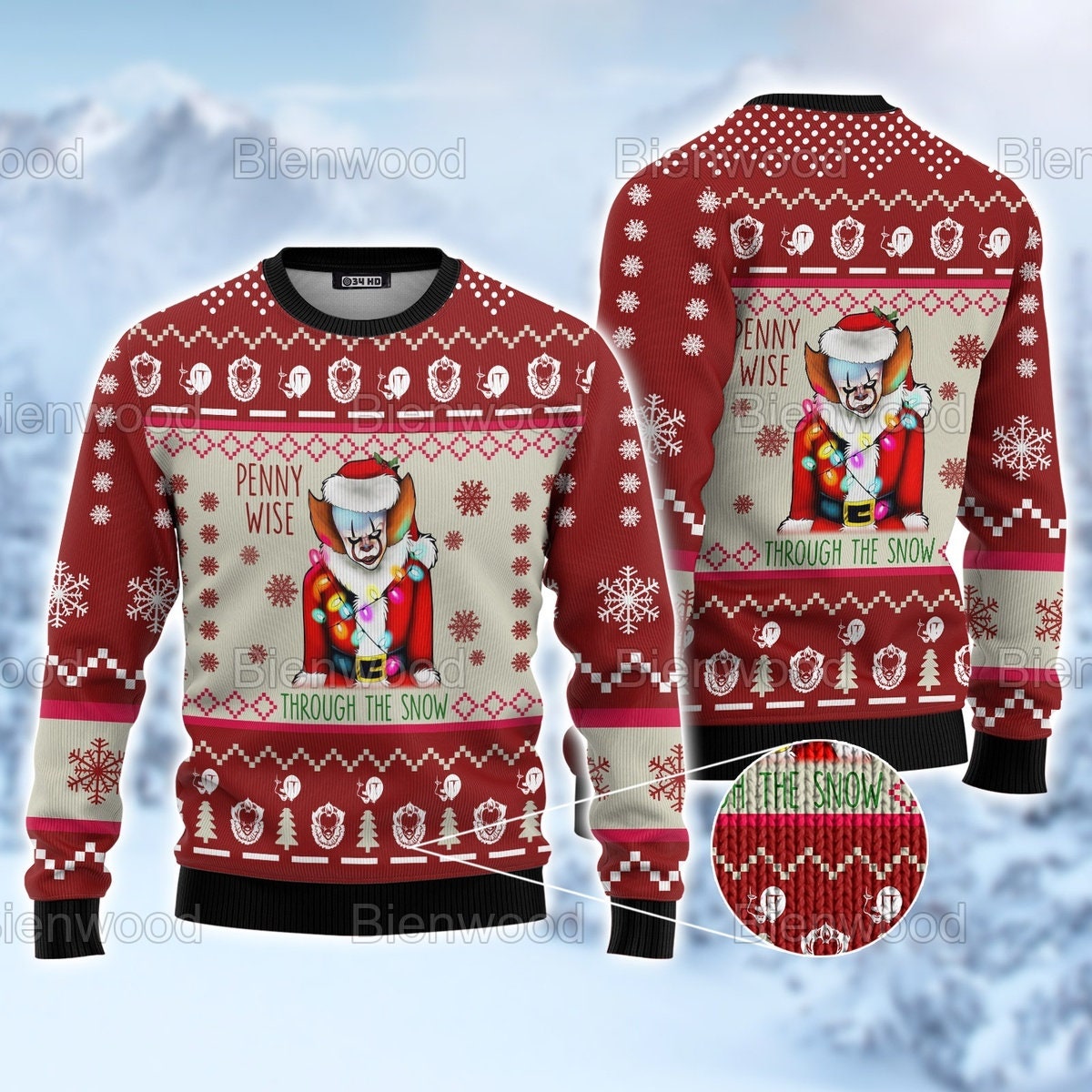 Pennywise Through The Snow Christmas Halloween Ugly Christmas Sweater
