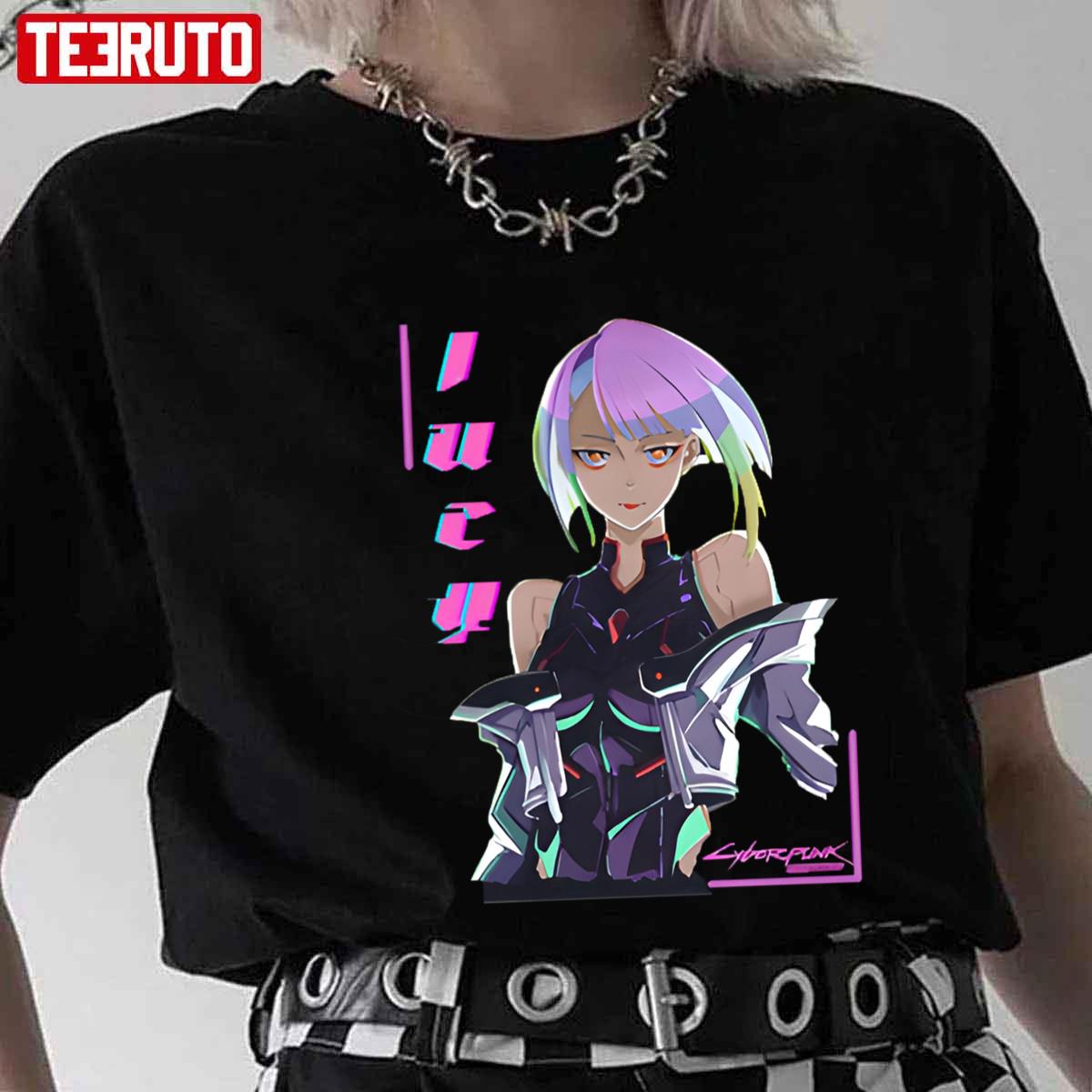 Lucy - Cyberpunk Anime Girl Unisex AOP Cut & Sew T-shirt - kawaiiwaru