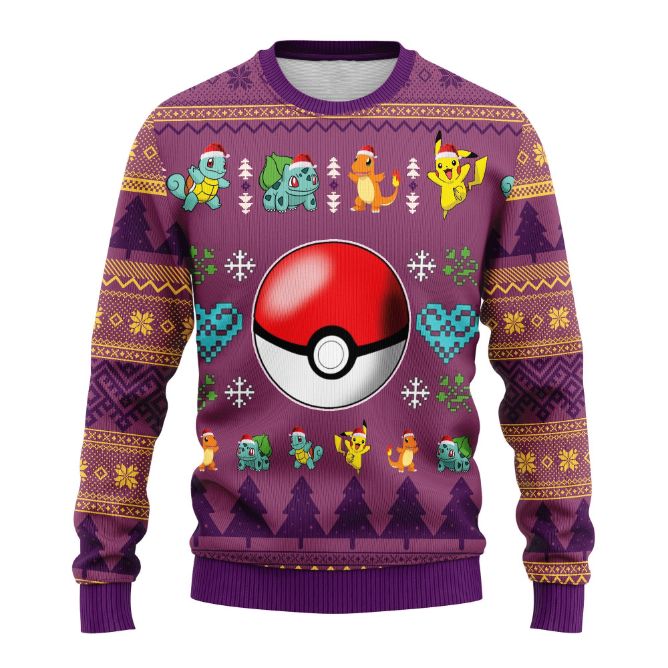 Purple Pokemon Anime Ball Ugly Xmas Wool Knitted Sweater