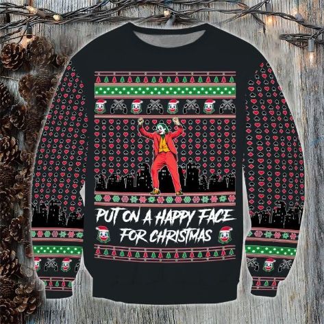 Put On A Happy Face For Christmas Joker Ugly Xmas Wool Knitted Sweater