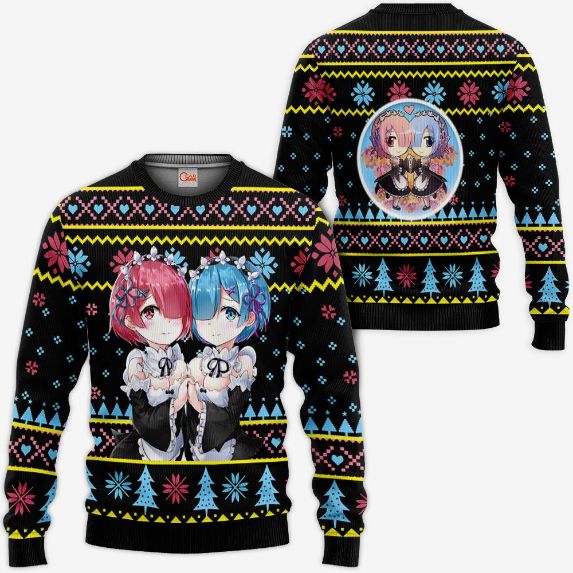 Re Zero Rem Ram Anime Xmas Ugly Christmas Knitted Sweater