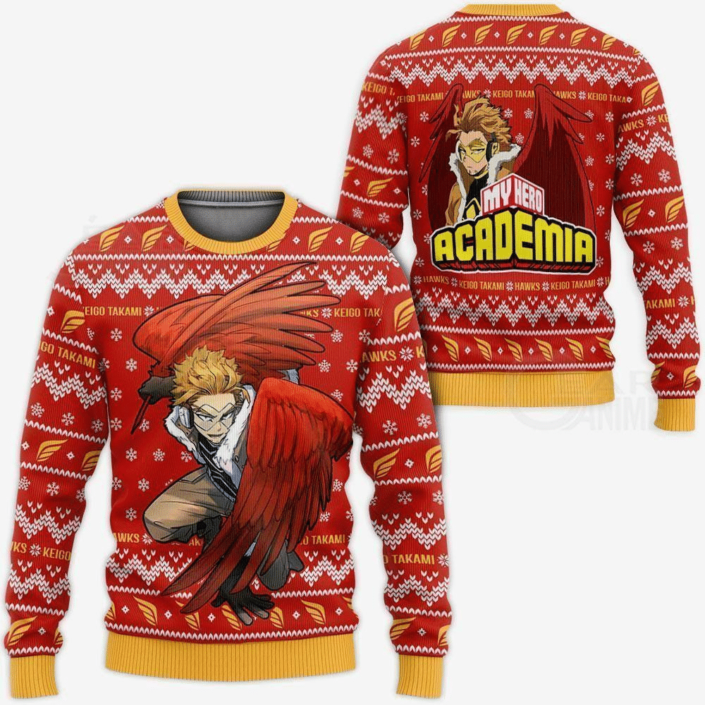 Red My Hero Academia Anime Keigo Takami Hawk Christmas Wool Knitted Ugly Sweater