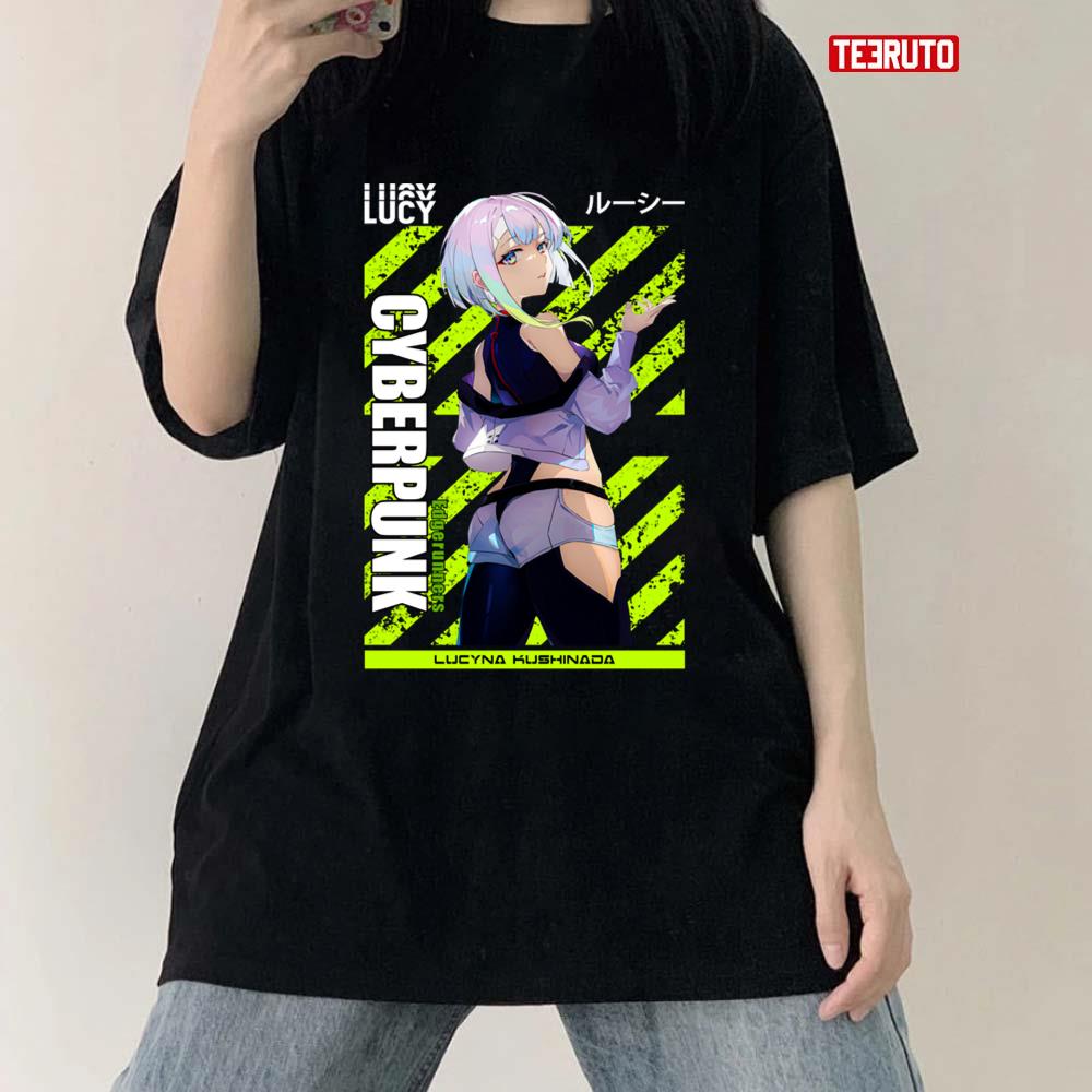 Lucy - Cyberpunk Anime Girl Unisex AOP Cut & Sew T-shirt - kawaiiwaru