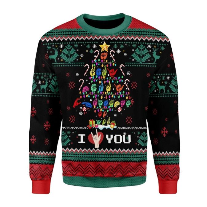 Sign Language Christmas Tree Ugly I Love You Ugly Wool Knitted Sweater
