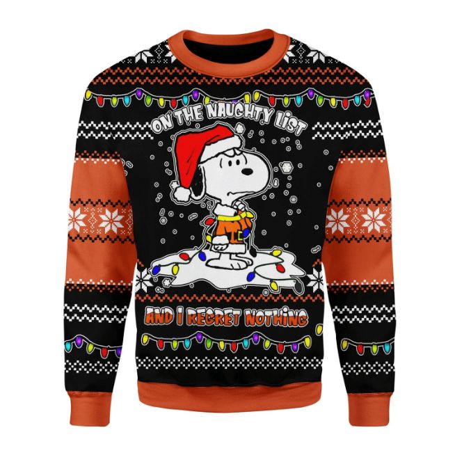 Snoopy On The Naughty List And I Regret Nothing Ugly Xmas Wool Knitted Sweater