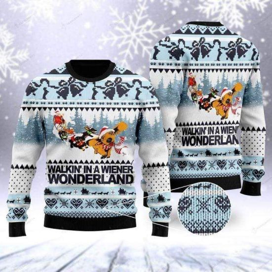 Walkin In A Wiener Wonderland For Dachshund Xmas Wool Knitted Ugly Sweater