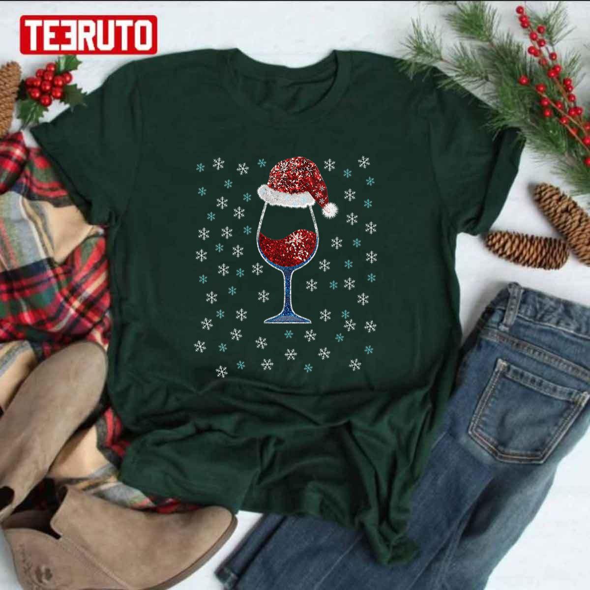 Wine With Christmas Hat Christmas Snowflakes Winter Unisex T-shirt