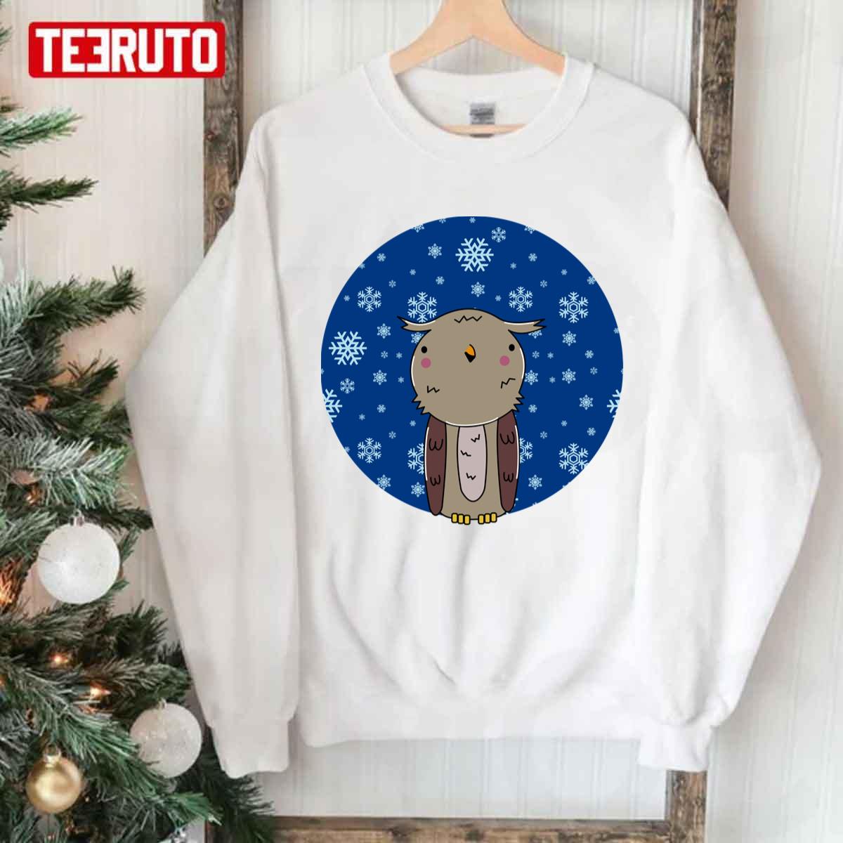 A Happy And Cute Owl Smiles In A Snowy Night Sky Winter Nights Snowy OwlUnisex Sweatshirt