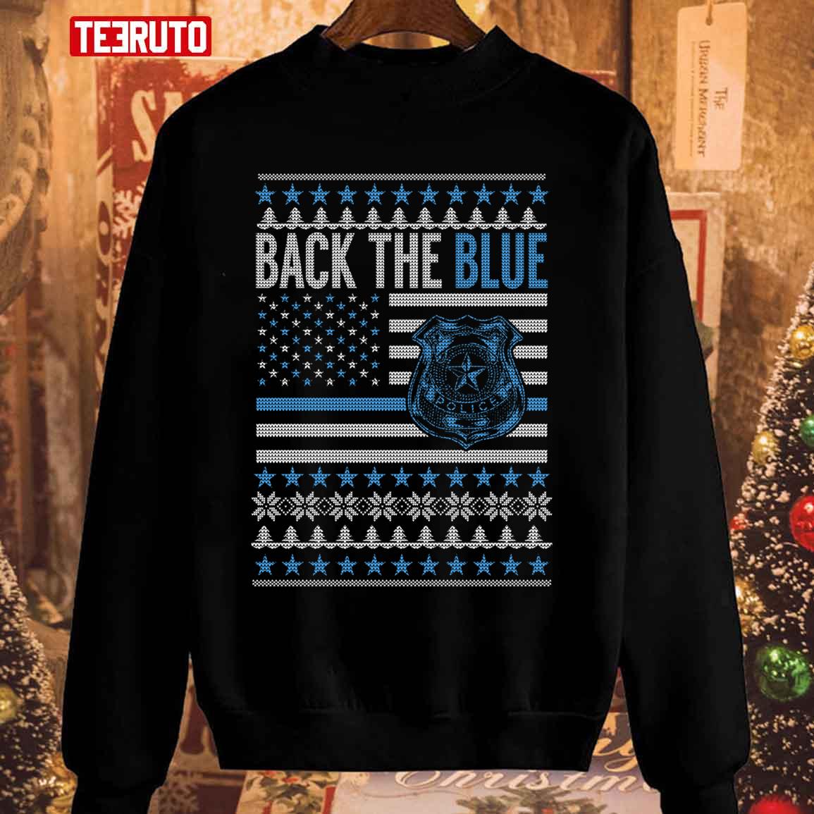 Back The Blue Police Officer Usa Blue Line Flag Ugly Christmas Unisex Sweatshirt