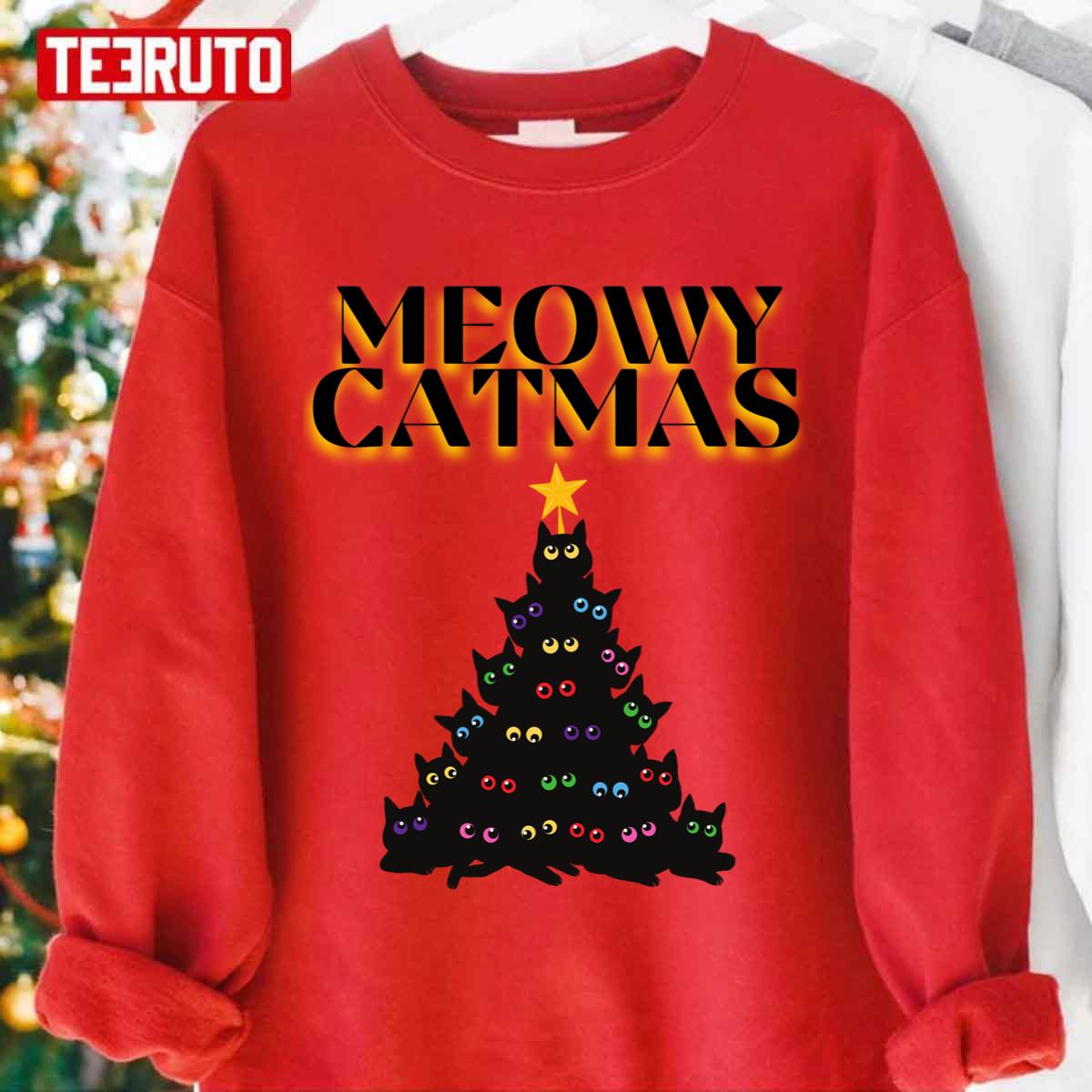 Black Christmas Tree Christmas Meowy Catmas Unisex Sweatshirt